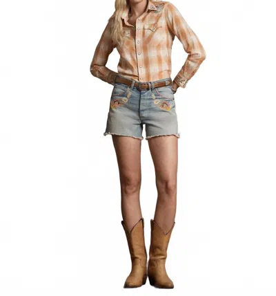 Rrl Floral-embroidered Denim Short In Huchinson Wash In Blue