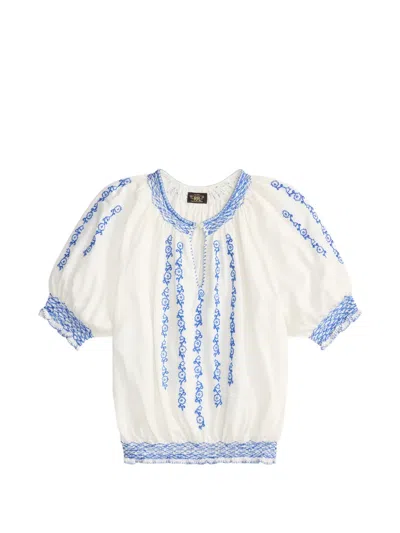 Rrl Floral-embroidered Smocked Blouse In White