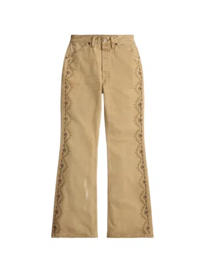 Rrl Floral-embroidered Trousers In Brown