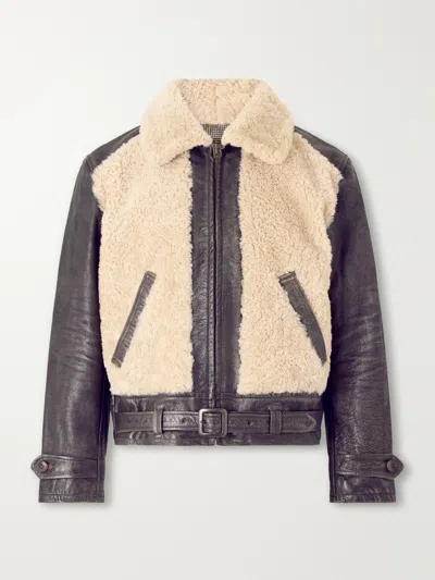 Rrl Geronimo Belted Shearling-trimmed Leather Jacket In Multi