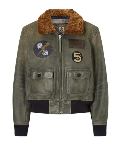 Rrl Harper Plush-trimmed Appliquéd Leather Bomber Jacket In Green