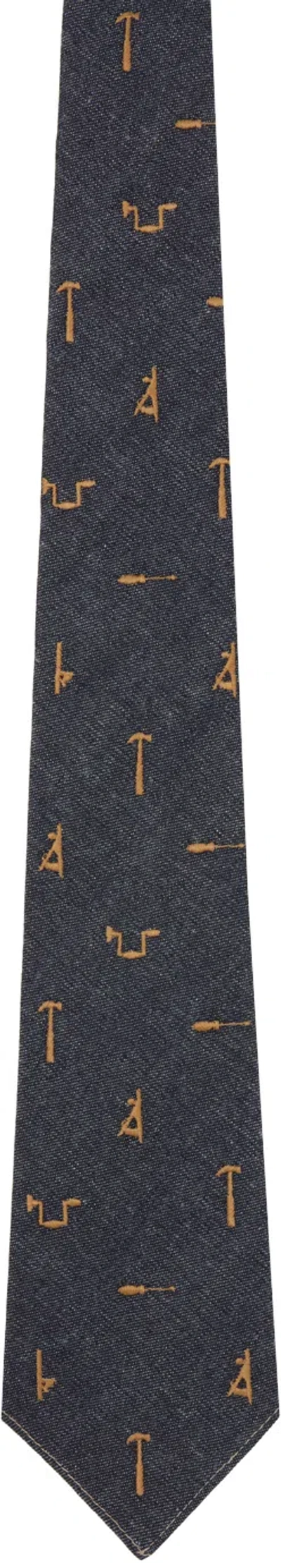 Rrl Indigo Tool-embroidered Denim Tie In Indigo/gold
