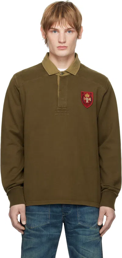 Rrl Khaki Crest-patch Jersey Rugby Polo In Olive