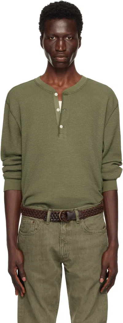 Rrl Khaki Garment-dyed Henley In Olive