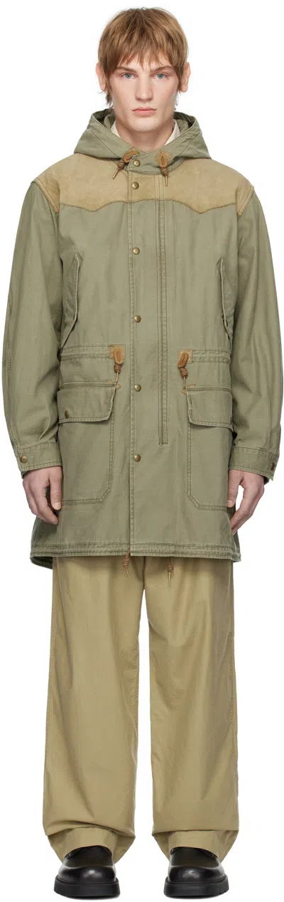 Rrl Khaki Leather-yoke Sateen Jacket In Olive