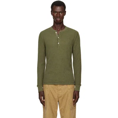 Rrl Khaki Waffle-knit Henley In Tree Green
