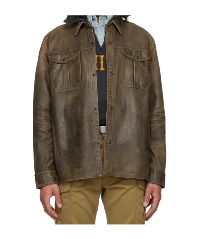 Rrl Lapel Long-sleeved Leather Jacket In Green