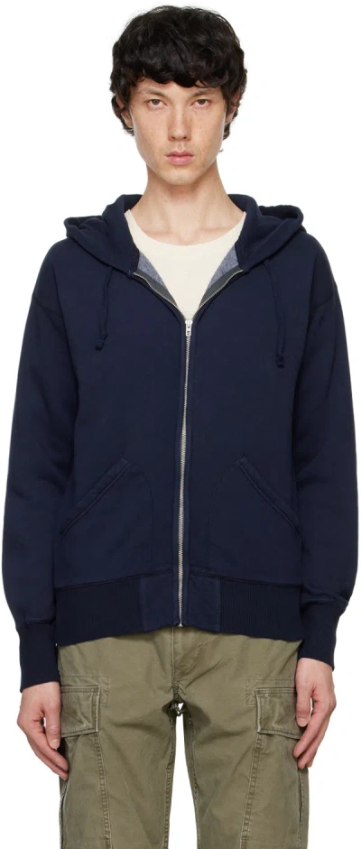 Rrl Navy Fleece Full-zip Hoodie In Faded Navy