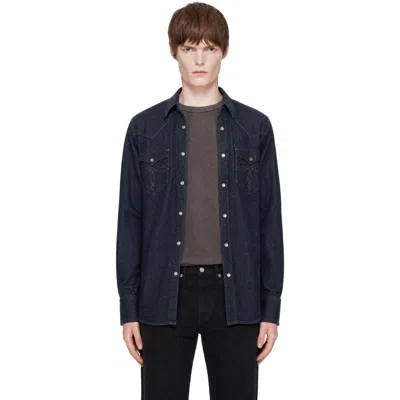 Rrl Navy Slim Fit Denim Western Shirt In Rinse