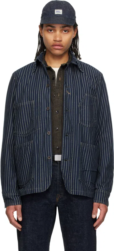 Rrl Navy Striped Twill Johnston Overshirt In Indigo Rinse
