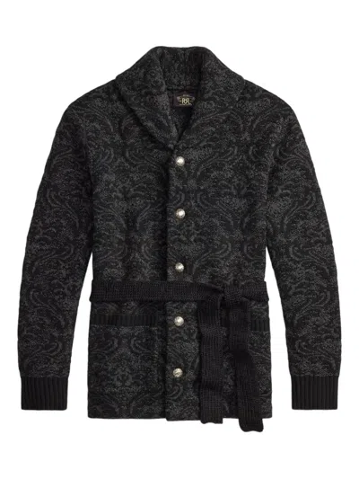 Rrl Paisley Belted Cardigan In Black