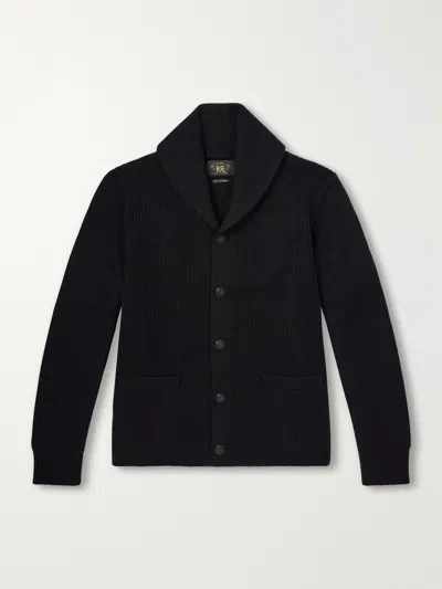 Rrl Cashmere Cardigan Shawl Collar Ribbed Texture Pockets In Black