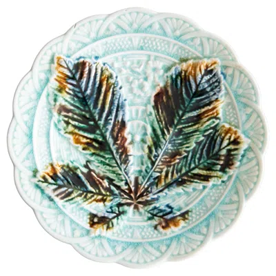 Pre-owned Rörstrand 19th Century Swedish  Majolica Turquoise Chestnut Leaf Plate In Gray