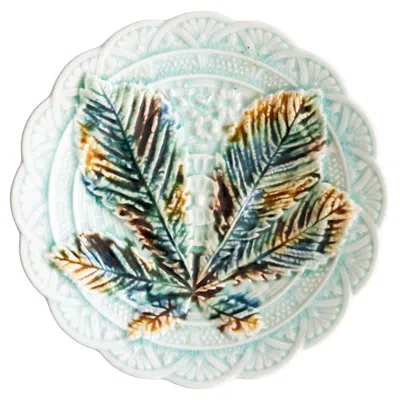 Pre-owned Rörstrand 19th Century Swedish  Majolica Turquoise Chestnut Leaf Plate In Gray