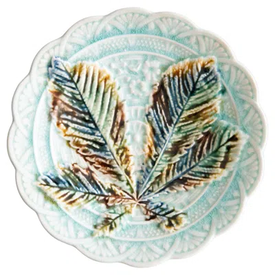 Pre-owned Rörstrand 19th Century Swedish  Majolica Turquoise Chestnut Leaf Plate In Gray