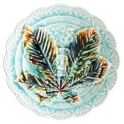 Pre-owned Rörstrand 19th Century Swedish  Majolica Turquoise Chestnut Leaf Plate In Gray