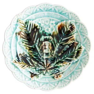 Pre-owned Rörstrand 19th Century Swedish  Majolica Turquoise Chestnut Leaf Plate In Gray