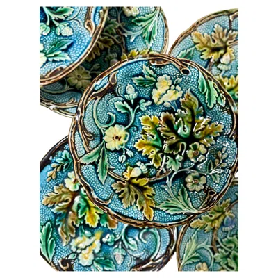 Pre-owned Rörstrand Antique Majolica Set  Sweden 1 Central Peace And 6 Plates In Black