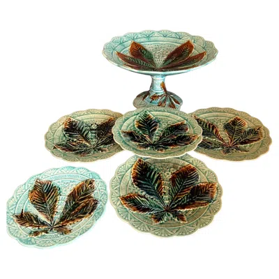Pre-owned Rörstrand Art Nouveau Majolica Chestnut Leaf Six Pieces  Sweden 1880 In Brown