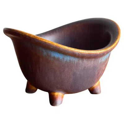 Pre-owned Rörstrand Gunnar Nylund For  Rare Footed Bowl, Stoneware Ceramic Blue And Brown