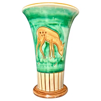 Pre-owned Rörstrand Handcrafted Danish Ceramic Vase By Haunsø, Green Cream Glaze, 1950s In White