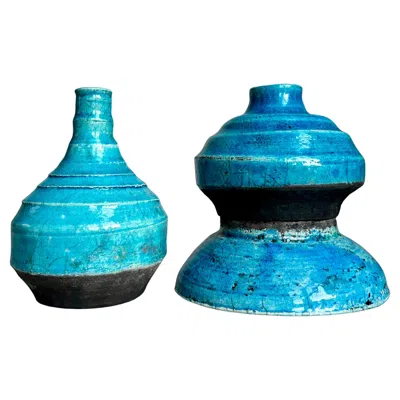 Pre-owned Rörstrand Inger Persson Turquoise Vases, Scandinavian Modern Stoneware, 1960s In Blue
