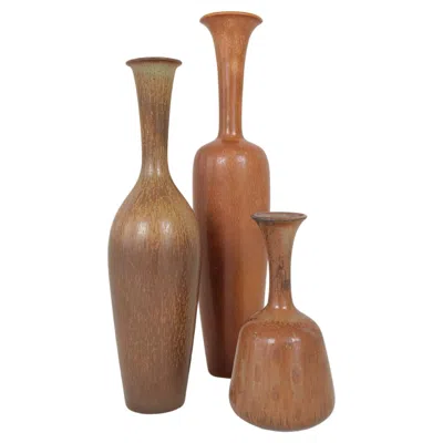 Pre-owned Rörstrand Midcentury Modern Groupe Of 3 Earthy Vases  By Gunnar Nylund, Sweden In Brown
