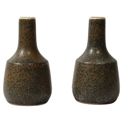 Pre-owned Rörstrand Pair Of Mid-century Speckled Umber Glazed Vases By Gunnar Nylund For  In Brown
