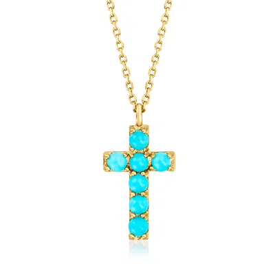 Rs Pure By Ross-simons 2mm Turquoise Cross Pendant Necklace In 14kt Yellow Gold In Blue