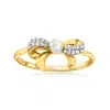 Rs Pure By Ross-simons 3-3.5mm Cultured Pearl Bow Ring With Diamond Accents In 14kt Yellow Gold In Silver