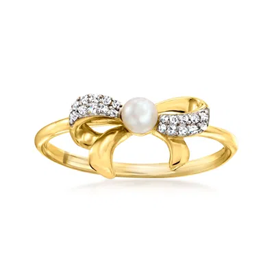 Rs Pure By Ross-simons 3-3.5mm Cultured Pearl Bow Ring With Diamond Accents In 14kt Yellow Gold In Silver