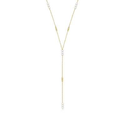 Rs Pure By Ross-simons 3-4mm Cultured Pearl And 14kt Yellow Gold Bead Station Y-necklace In Multi