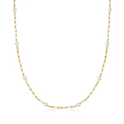 Rs Pure By Ross-simons 3-4mm Cultured Pearl And 14kt Yellow Gold Paper Clip Link Station Necklace In Multi