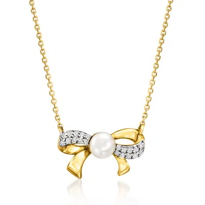 Rs Pure By Ross-simons 4-4.5mm Cultured Pearl Bow Necklace With Diamond Accents In 14kt Yellow Gold In Multi