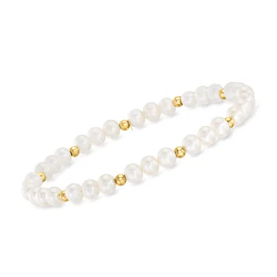 Rs Pure By Ross-simons 4-5mm Cultured Pearl And 14kt Yellow Gold Bead Stretch Bracelet In Multi