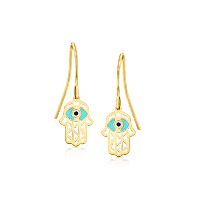 Rs Pure By Ross-simons Italian 14kt Yellow Gold Evil Eye Hamsa Drop Earrings With Multicolored Enamel In Blue