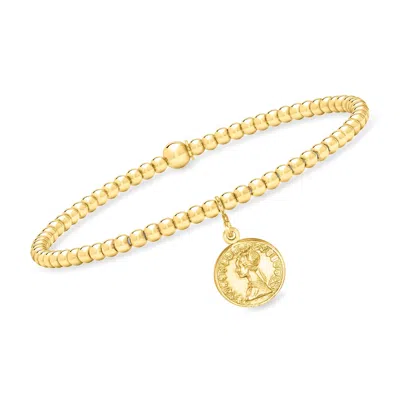 Rs Pure By Ross-simons Italian 3mm 18kt Gold Vermeil Bead Stretch Bracelet With Replica Lira Coin Charm