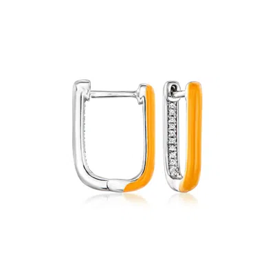 Rs Pure By Ross-simons Orange Enamel And Diamond-accented Paper Clip Link Hoop Earrings In Sterling Silver In White
