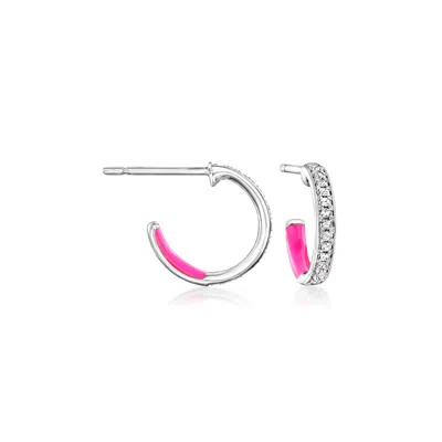 Rs Pure By Ross-simons Pink Enamel And . Diamond Huggie Hoop Earrings In Sterling Silver In White