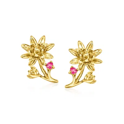 Rs Pure By Ross-simons Ruby-accented Water Lily Flower Earrings In 14kt Yellow Gold In Red