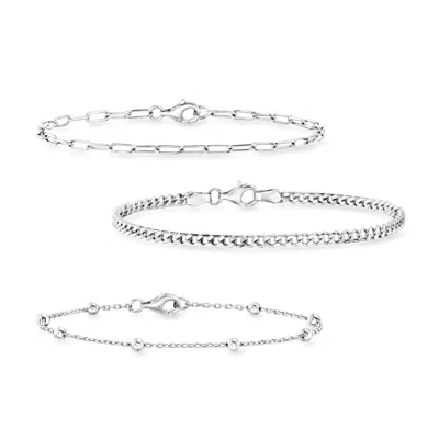Rs Pure By Ross-simons Sterling Silver Jewelry Set: Curb-link, Paper Clip Link And Bead-chain Bracelets