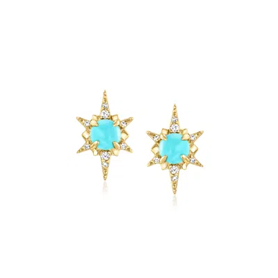 Rs Pure By Ross-simons Turquoise Starburst Earrings With Diamond Accents In 14kt Yellow Gold In White