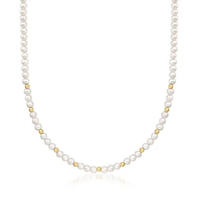 Rs Pure By Ross-simons 4-5mm Cultured Pearl And 3mm 14kt Yellow Gold Bead Necklace In Silver