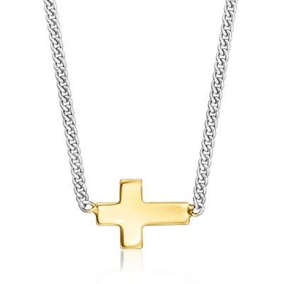 Rs Pure By Ross-simons Italian 14kt Yellow Gold Sideways Cross And Sterling Silver Curb-link Necklace In Metallic