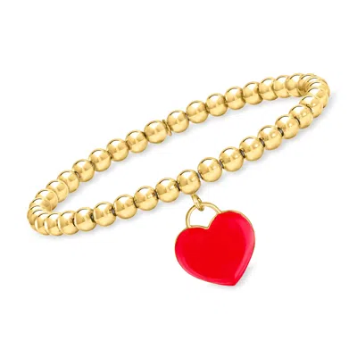 Rs Pure By Ross-simons Italian 5mm 18kt Gold Over Sterling Bead Stretch Bracelet With Red Enamel Heart Charm