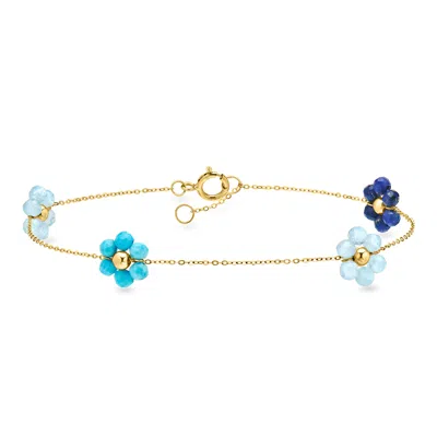 Rs Pure By Ross-simons Lapis, Turquoise And Aquamarine Bead Flower Station Bracelet In 14kt Yellow Gold