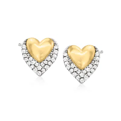 Rs Pure Ross-simons Diamond Double-heart Stud Earrings In Sterling Silver And 14kt Yellow Gold In White