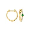 Rs Pure Ross-simons Emerald And Diamond-accented Huggie Hoop Earrings In 14kt Yellow Gold In White