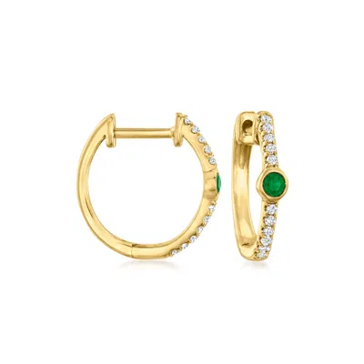 Rs Pure Ross-simons Emerald And Diamond-accented Huggie Hoop Earrings In 14kt Yellow Gold In White