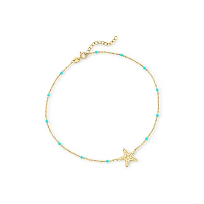 Rs Pure Ross-simons Italian 14kt Yellow Gold Starfish And Blue Enamel Station Anklet In Multi